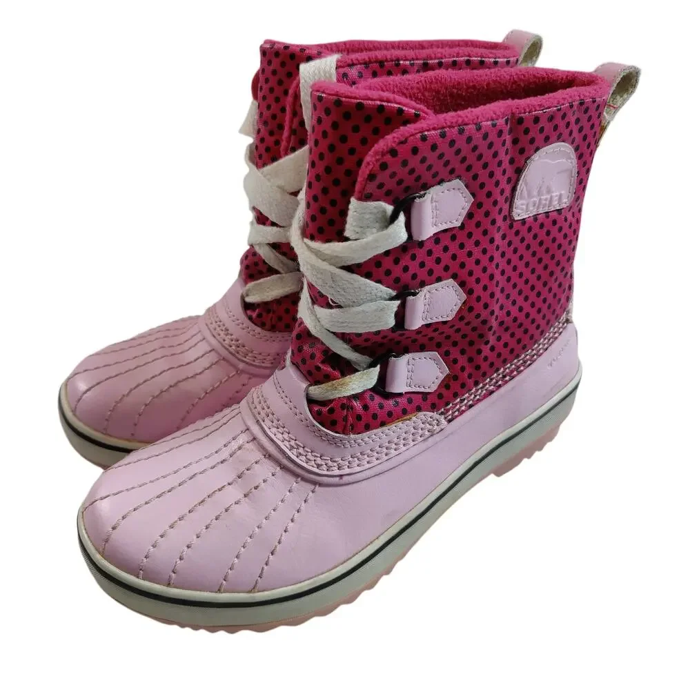 Sorel Girls Sz 4 Pink Polka Dot Duck Boots Lace Up Waterproof Fleece Lined